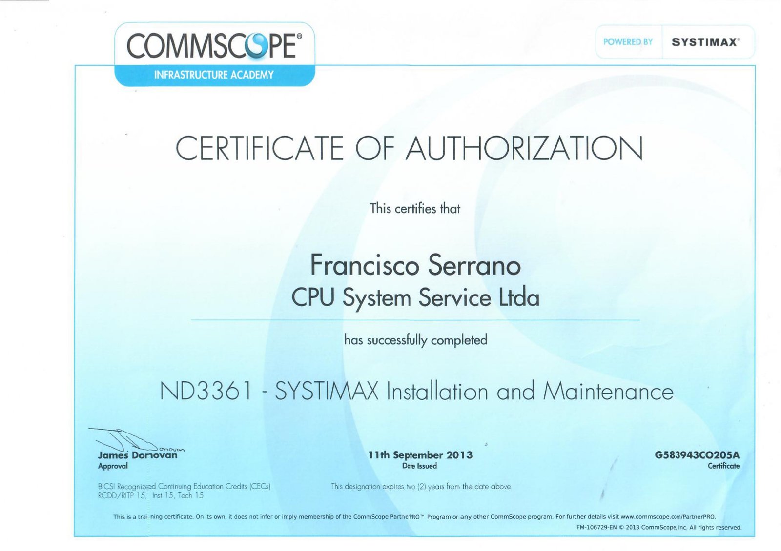 Certificación SYSTIMAX ND3361